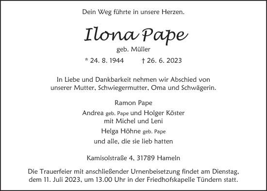 Traueranzeige von Ilona Pape von Deister- und Weserzeitung