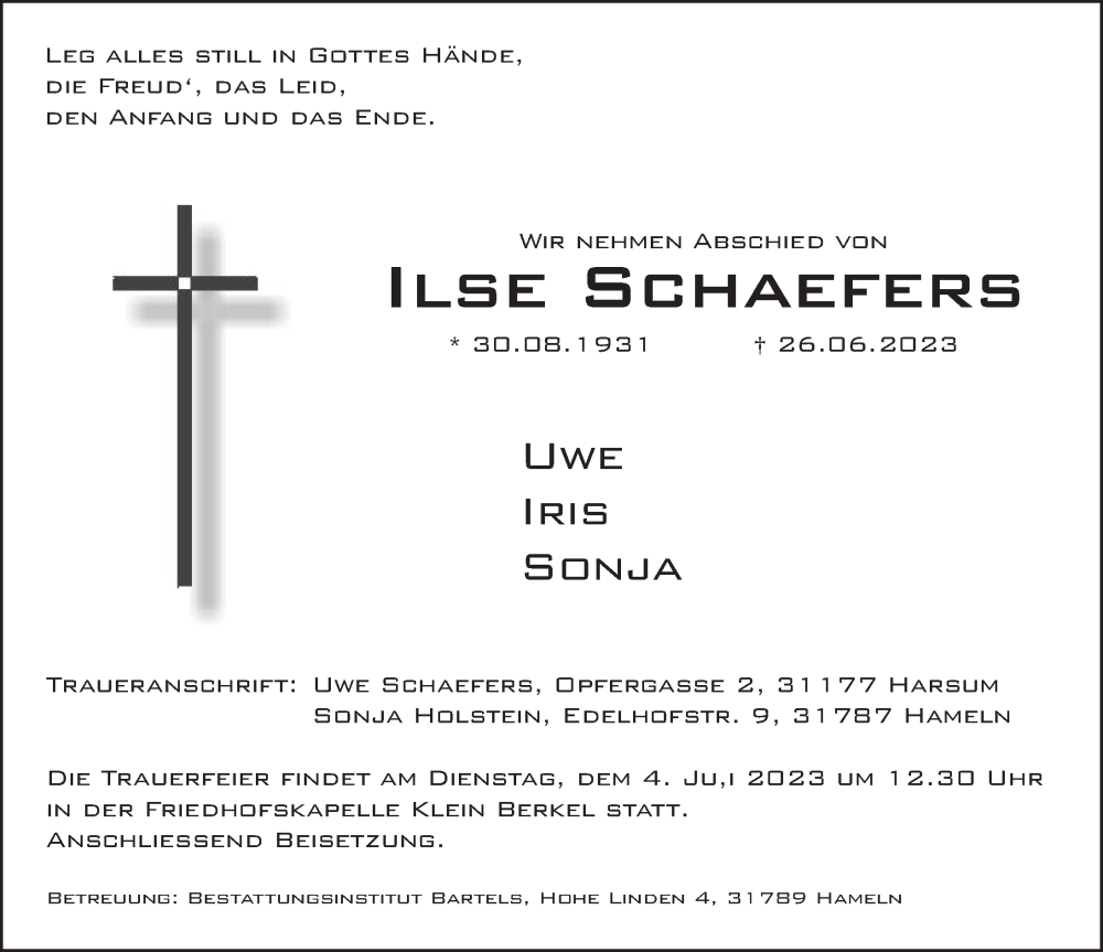  Traueranzeige für Ilse Schaefers vom 01.07.2023 aus Deister- und Weserzeitung