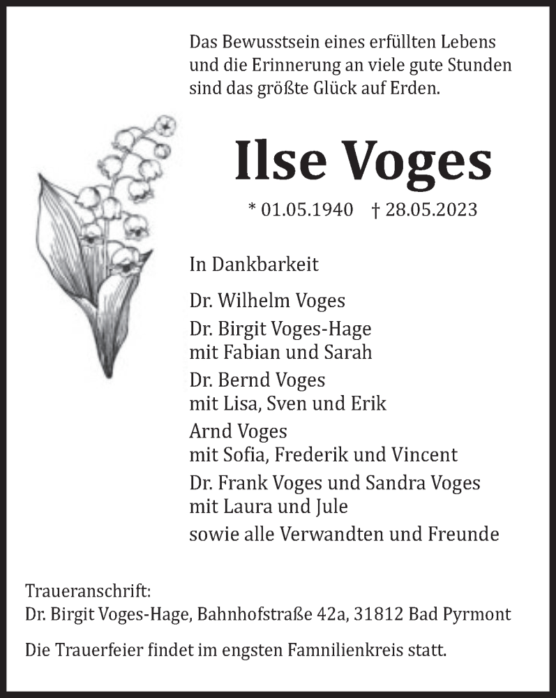  Traueranzeige für Ilse Voges vom 03.06.2023 aus Deister- und Weserzeitung