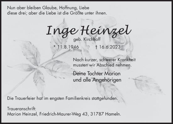 Traueranzeige von Inge Heinzel von Deister- und Weserzeitung