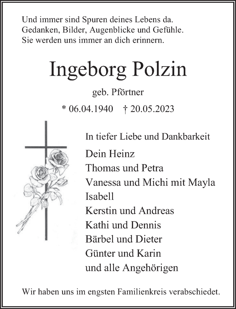  Traueranzeige für Ingeborg Polzin vom 03.06.2023 aus Deister- und Weserzeitung