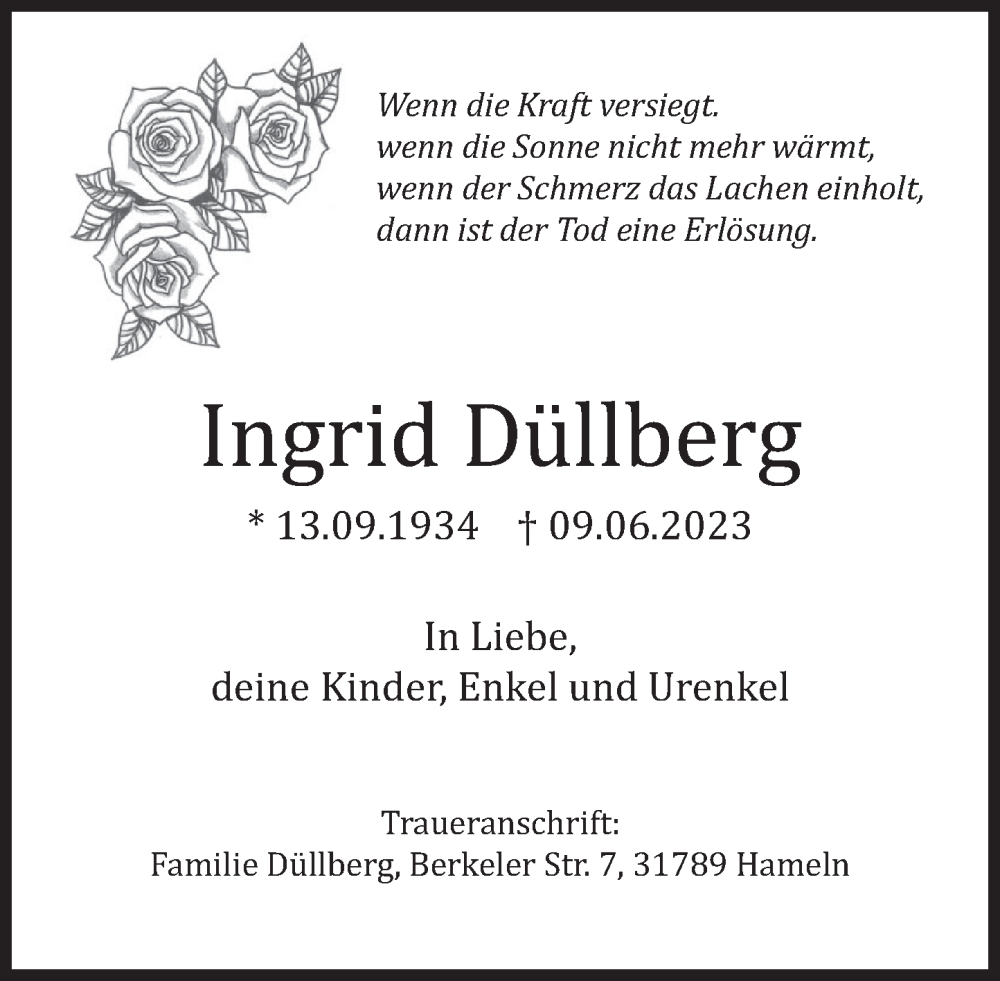  Traueranzeige für Ingrid Düllberg vom 17.06.2023 aus Deister- und Weserzeitung