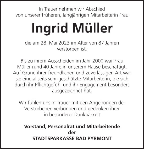 Traueranzeige von Ingrid Müller von Deister- und Weserzeitung