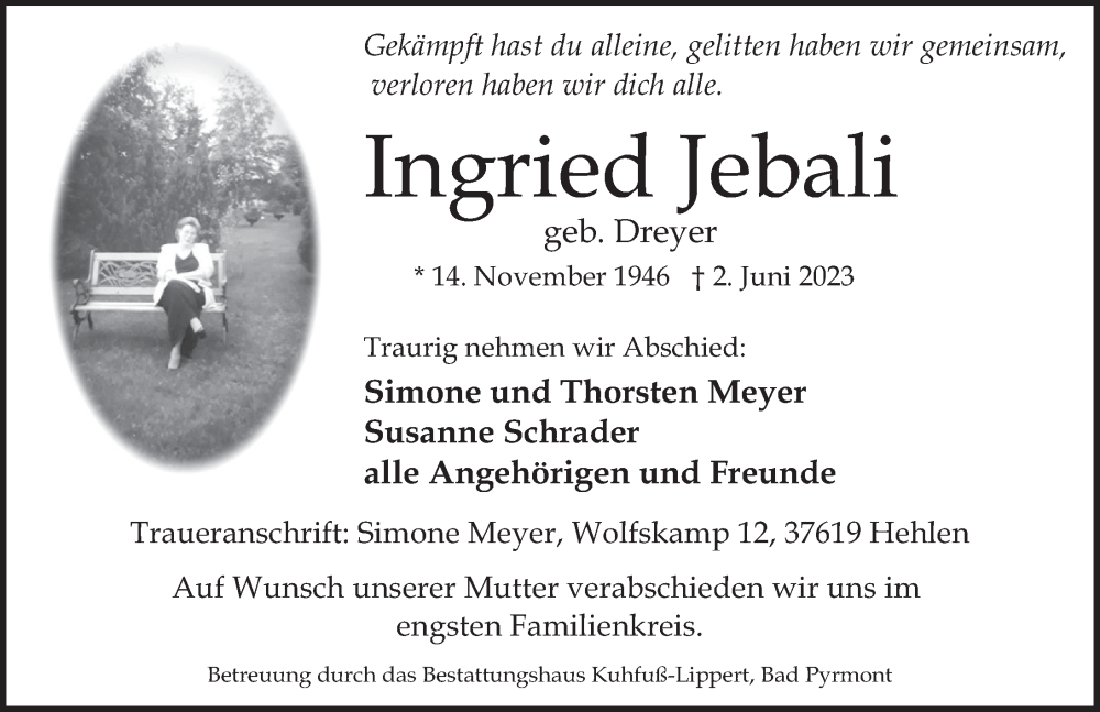  Traueranzeige für Ingried Jebali vom 10.06.2023 aus Deister- und Weserzeitung