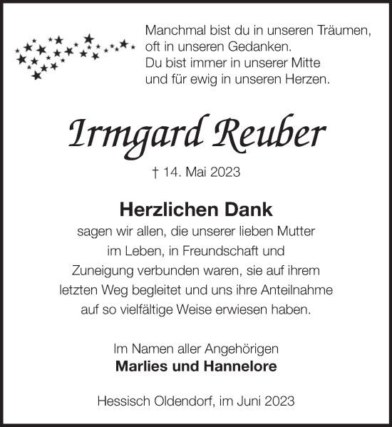 Traueranzeige von Irmgard Reuber von Deister- und Weserzeitung