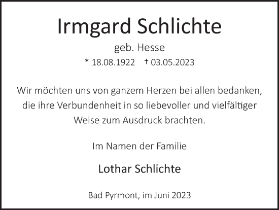 Traueranzeige von Irmgard Schlichte von Deister- und Weserzeitung
