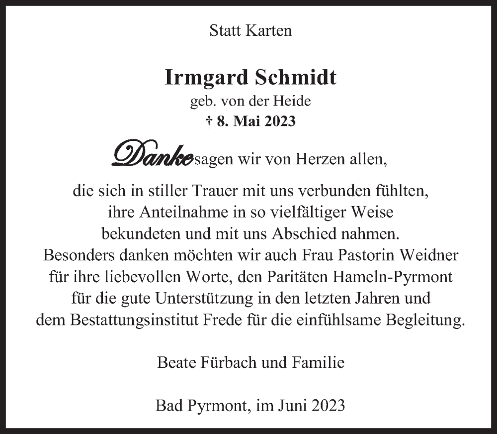  Traueranzeige für Irmgard Schmidt vom 03.06.2023 aus Deister- und Weserzeitung