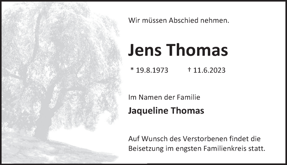  Traueranzeige für Jens Thomas vom 30.06.2023 aus Deister- und Weserzeitung