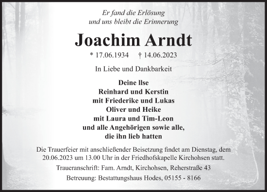 Traueranzeige von Joachim Arndt von Deister- und Weserzeitung