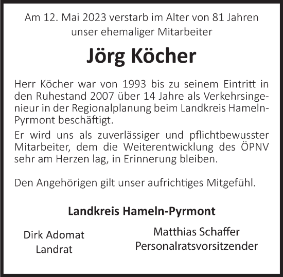 Traueranzeige von Jörg Köcher von Deister- und Weserzeitung