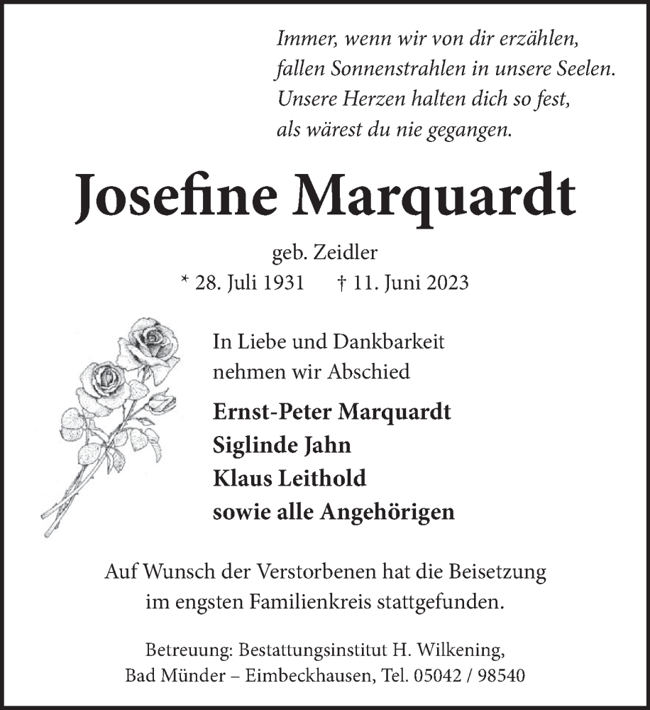  Traueranzeige für Josefine Marquardt vom 24.06.2023 aus Neue Deister-Zeitung