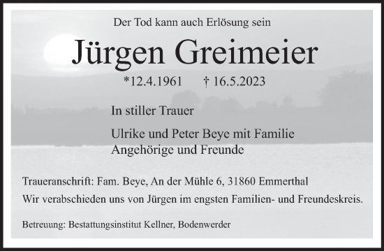 Traueranzeige von Jürgen Greimeier von Deister- und Weserzeitung