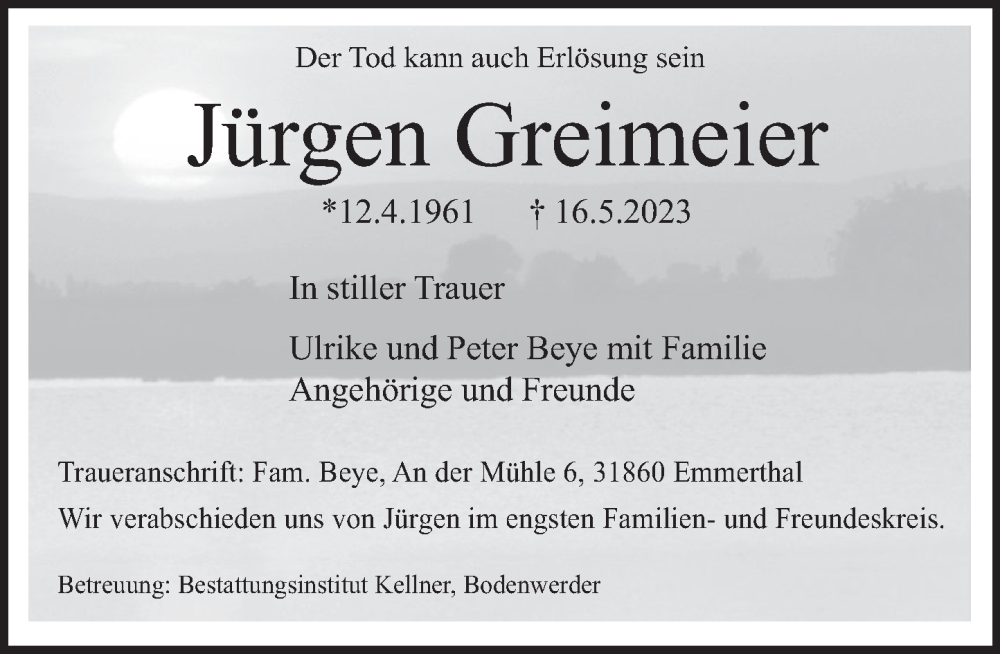  Traueranzeige für Jürgen Greimeier vom 03.06.2023 aus Deister- und Weserzeitung