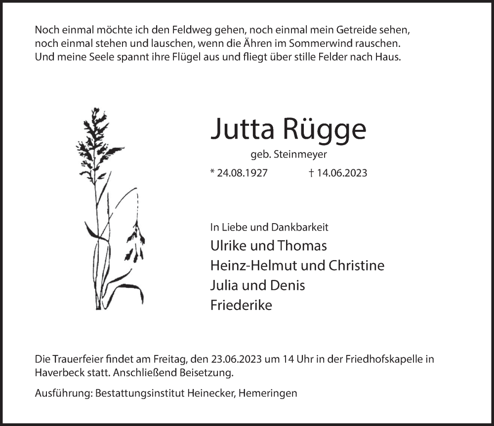  Traueranzeige für Jutta Rügge vom 20.06.2023 aus Deister- und Weserzeitung
