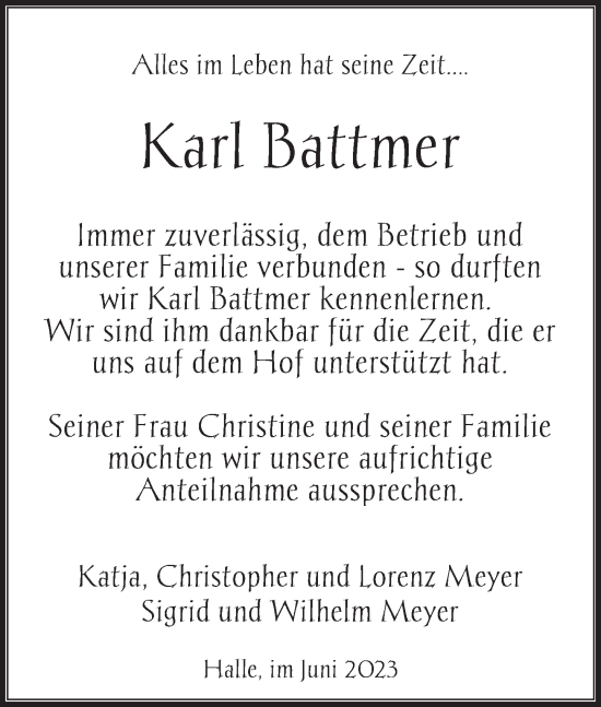 Traueranzeige von Karl Battmer von Deister- und Weserzeitung