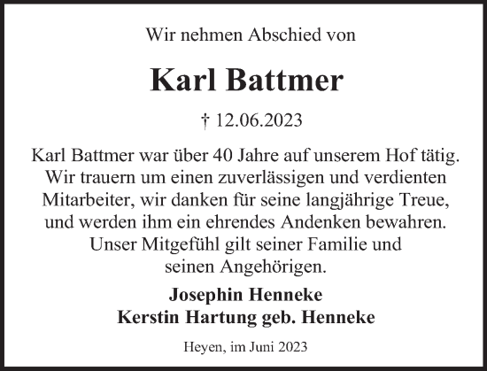 Traueranzeige von Karl Battmer von Deister- und Weserzeitung