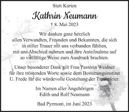 Traueranzeige von Kathrin Neumann von Deister- und Weserzeitung