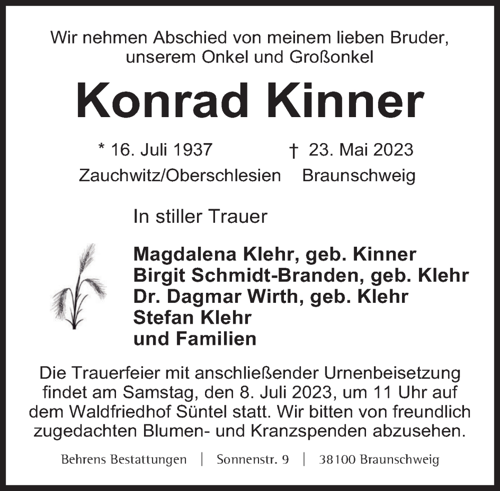  Traueranzeige für Konrad Kinner vom 24.06.2023 aus Deister- und Weserzeitung