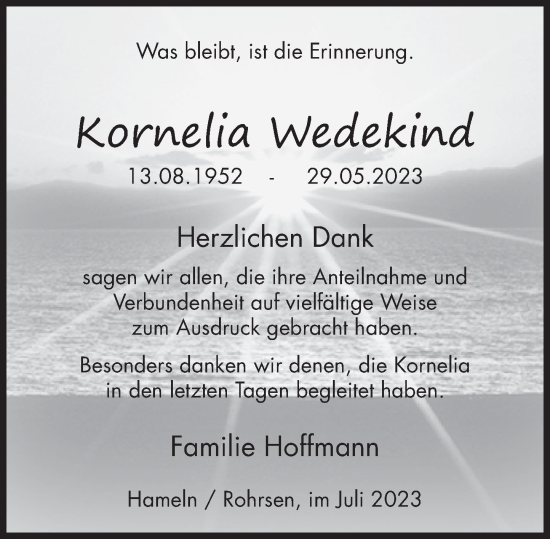 Traueranzeige von Kornelia Wedekind von Deister- und Weserzeitung
