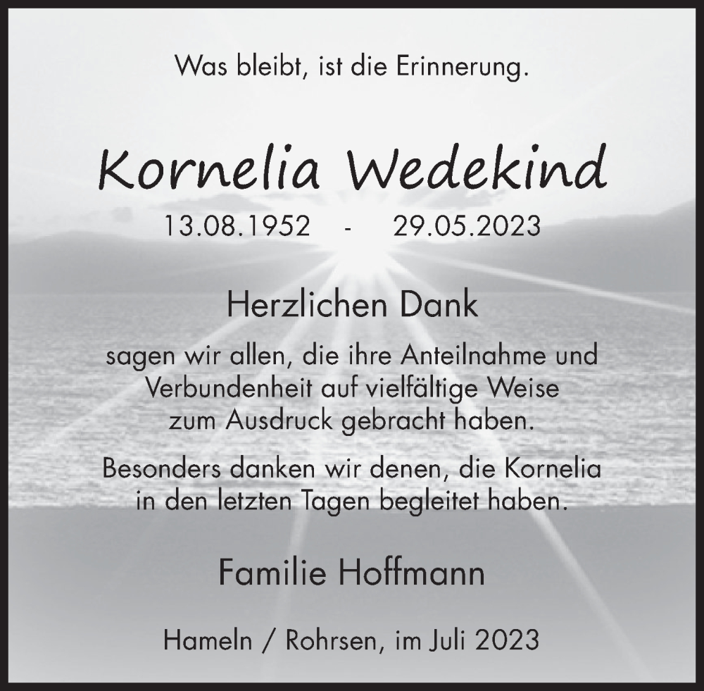  Traueranzeige für Kornelia Wedekind vom 01.07.2023 aus Deister- und Weserzeitung