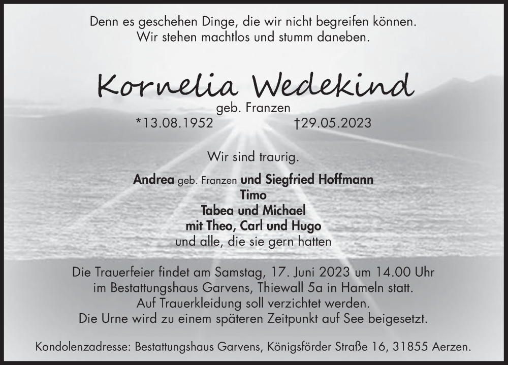  Traueranzeige für Kornelia Wedekind vom 10.06.2023 aus Deister- und Weserzeitung