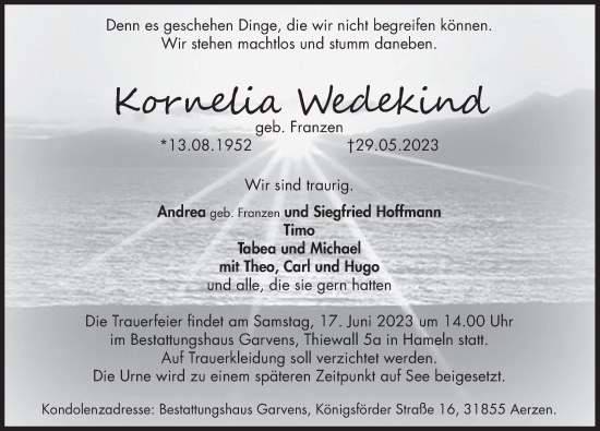 Traueranzeige von Kornelia Wedekind von Deister- und Weserzeitung