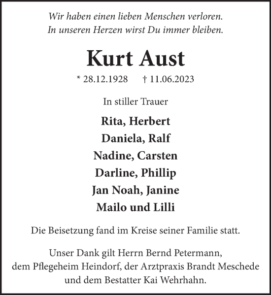 Traueranzeige von Kurt Aust von Neue Deister-Zeitung