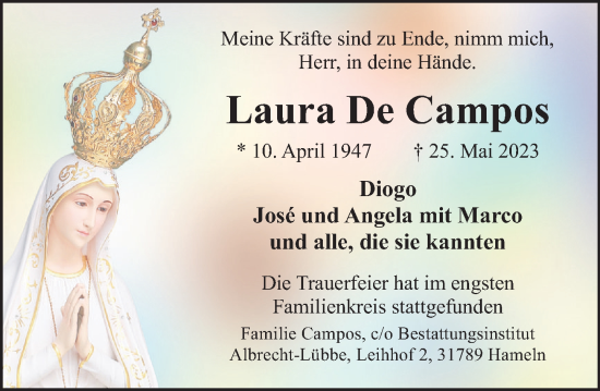Traueranzeige von Laura De Campos von Deister- und Weserzeitung