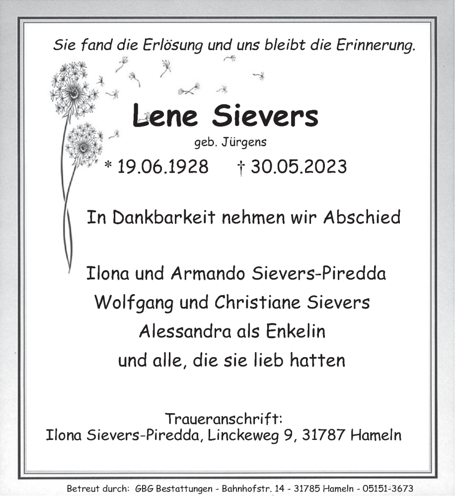  Traueranzeige für Lene Sievers vom 03.06.2023 aus Deister- und Weserzeitung