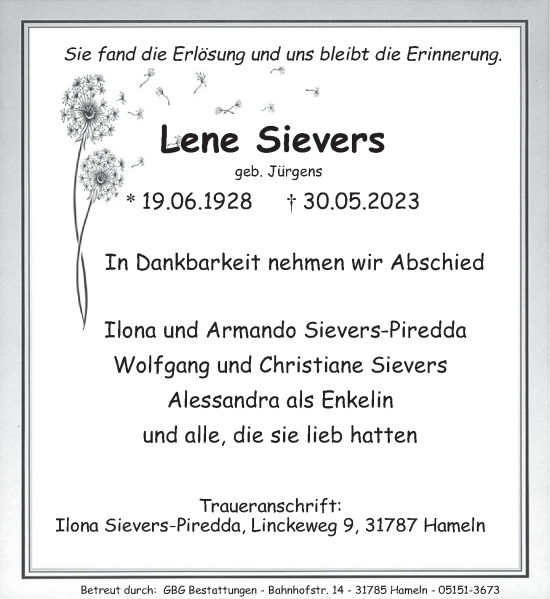 Traueranzeige von Lene Sievers von Deister- und Weserzeitung