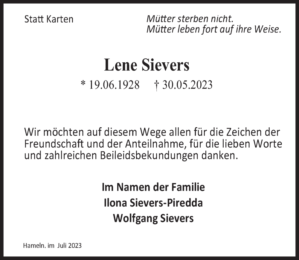  Traueranzeige für Lene Sievers vom 01.07.2023 aus Deister- und Weserzeitung