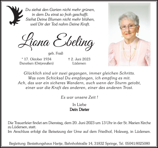 Traueranzeige von Liona Ebeling von Neue Deister-Zeitung