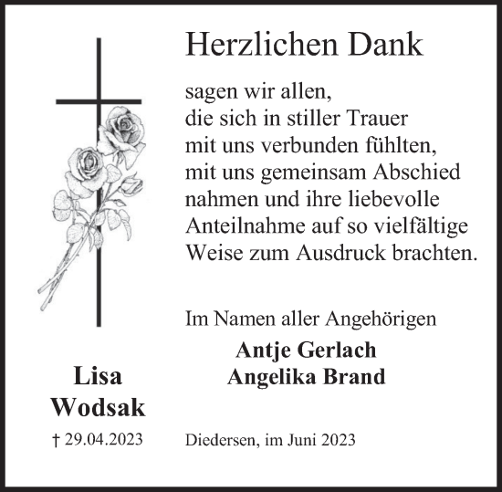 Traueranzeige von Lisa Wodsak von Deister- und Weserzeitung