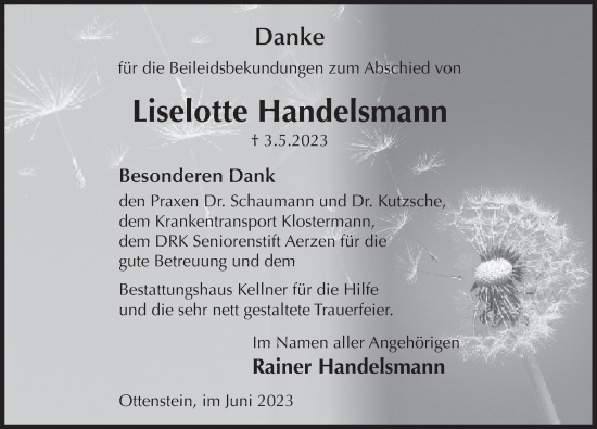 Traueranzeige von Liselotte Handelsmann von Deister- und Weserzeitung
