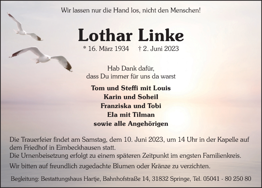  Traueranzeige für Lothar Linke vom 07.06.2023 aus Neue Deister-Zeitung