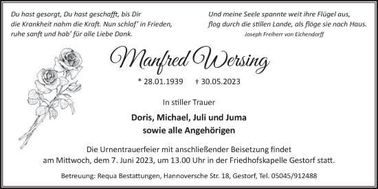 Traueranzeige von Manfred Wersing von Neue Deister-Zeitung