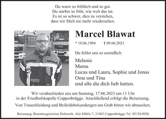Traueranzeige von Marcel Blawat von Deister- und Weserzeitung