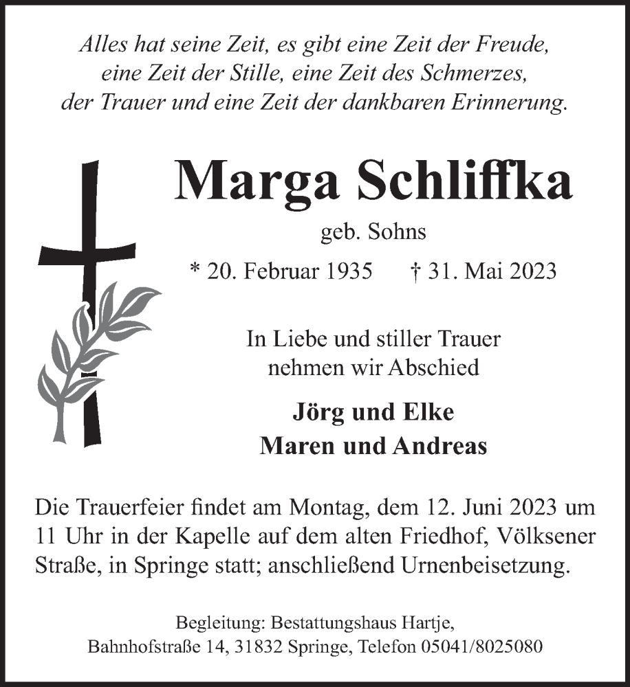  Traueranzeige für Marga Schliffka vom 07.06.2023 aus Neue Deister-Zeitung