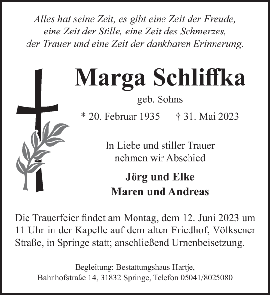 Traueranzeige von Marga Schliffka von Neue Deister-Zeitung