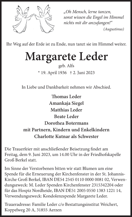Traueranzeige von Margarete Leder von Deister- und Weserzeitung