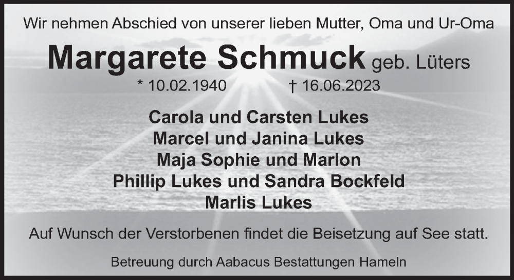  Traueranzeige für Margarete Schmuck vom 01.07.2023 aus Deister- und Weserzeitung