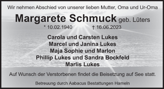 Traueranzeige von Margarete Schmuck von Deister- und Weserzeitung