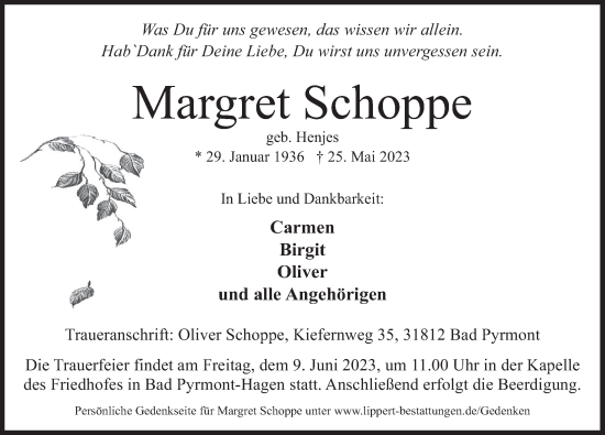 Traueranzeige von Margret Schoppe von Deister- und Weserzeitung