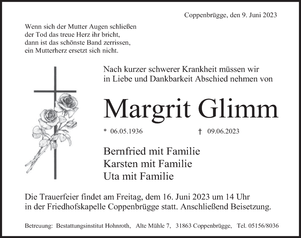  Traueranzeige für Margrit Glimm vom 14.06.2023 aus Deister- und Weserzeitung