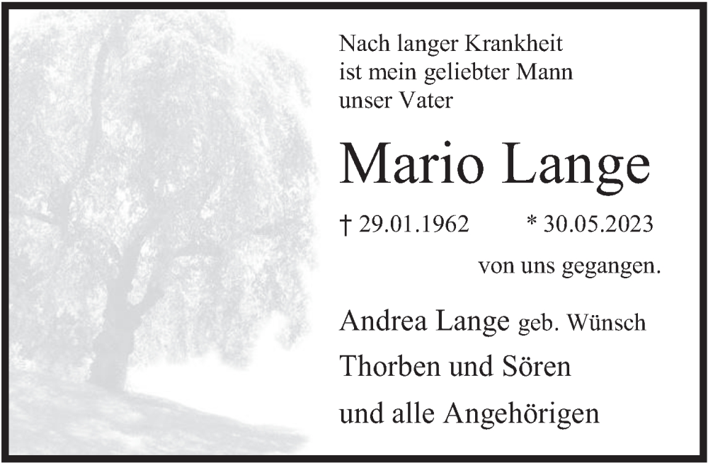  Traueranzeige für Mario Lange vom 03.06.2023 aus Deister- und Weserzeitung
