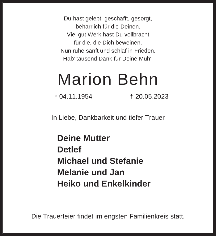  Traueranzeige für Marion Behn vom 10.06.2023 aus Neue Deister-Zeitung
