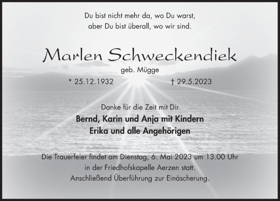 Traueranzeige von Marlen Schweckendiek von Deister- und Weserzeitung