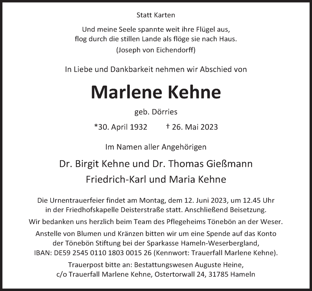  Traueranzeige für Marlene Kehne vom 03.06.2023 aus Deister- und Weserzeitung