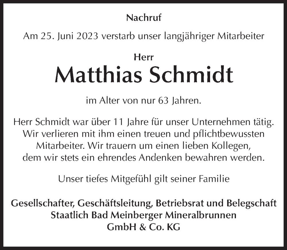  Traueranzeige für Matthias Schmidt vom 01.07.2023 aus Deister- und Weserzeitung