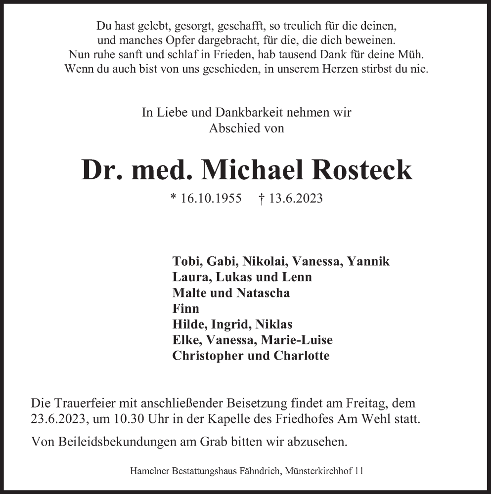  Traueranzeige für Michael Rosteck vom 17.06.2023 aus Deister- und Weserzeitung